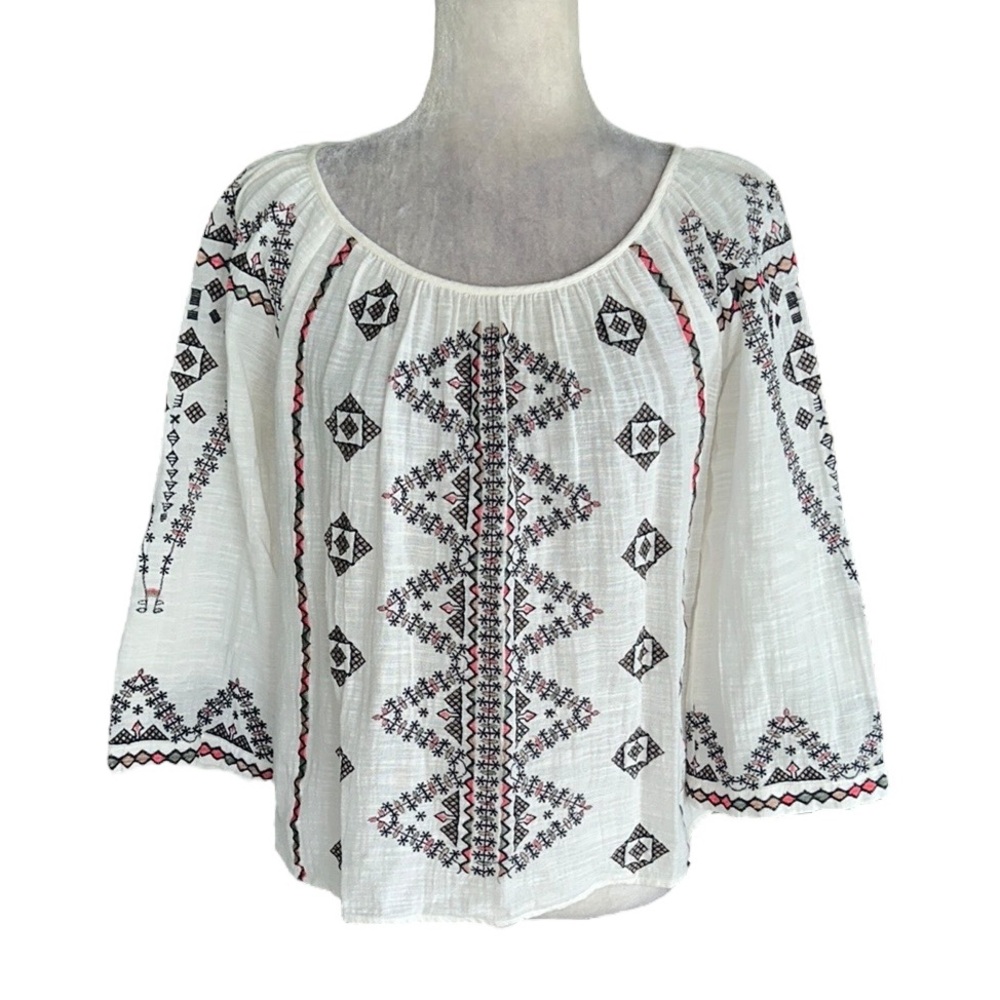 Love Sam Anthropologie Off White Embroidered 3/4 Bell Sleeve Cropped Top - S